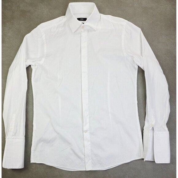 Hugo Boss Sharp Fit Size 15.5 34-35 White Stripe French Cuff Hidden Button Shirt - Picture 1 of 11